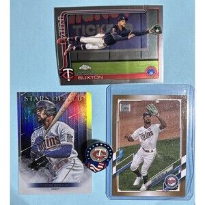Twins Flag Pin + 3 Byron Buxton Cards-2021 Topps - #74 Gold /2021 ,TChrome#172+